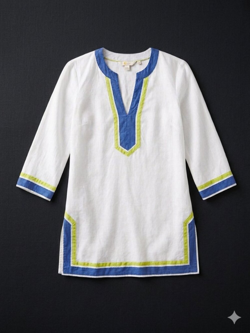 Boden 100% Linen Tunic Top White Blue Yellow Trim 3/4 Sleeve US 2R UK 6R